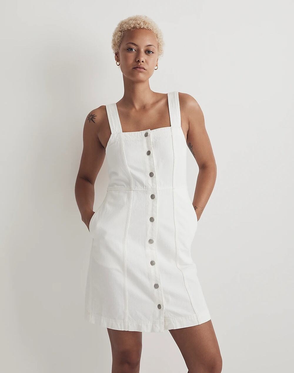 Madewell Denim Square Neck Sleeveless Tile White Button Front Mini Dress Size 4